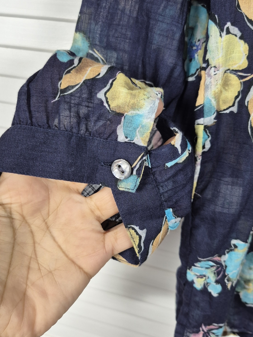 J. Jill 100% Cotton Floral Blouse Women's Large Blue 3/4 Sleeve Peasant Top - Picture 7 of 10